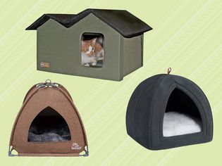 Three cat caves on a yellow-green background