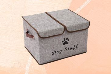 Dog toy storage we recommend on a yellow-orange background