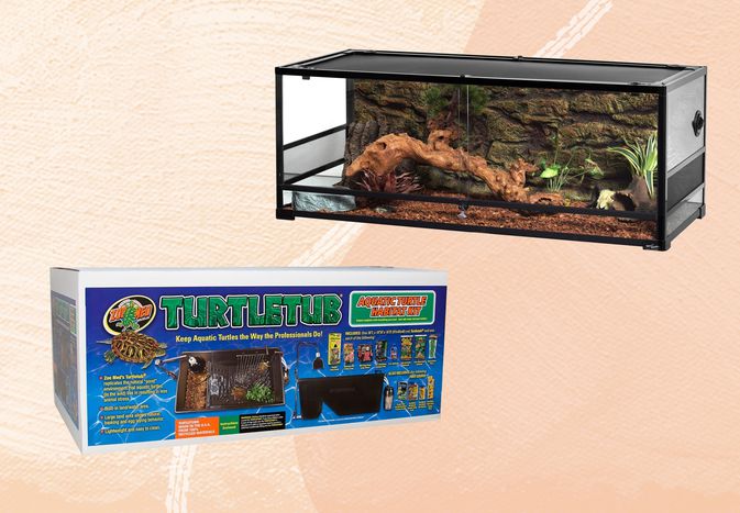 Turtle tanks we recommend on an orange background