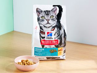 A bag of Hill's Science Diet Adult Dry Cat Food and a bowl of cat food